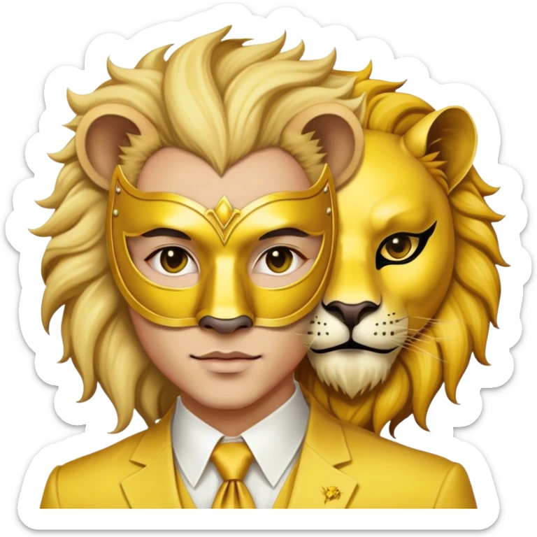 a man, with a Yellow suit,  wear half-face golden Lion masquerade mask sticker