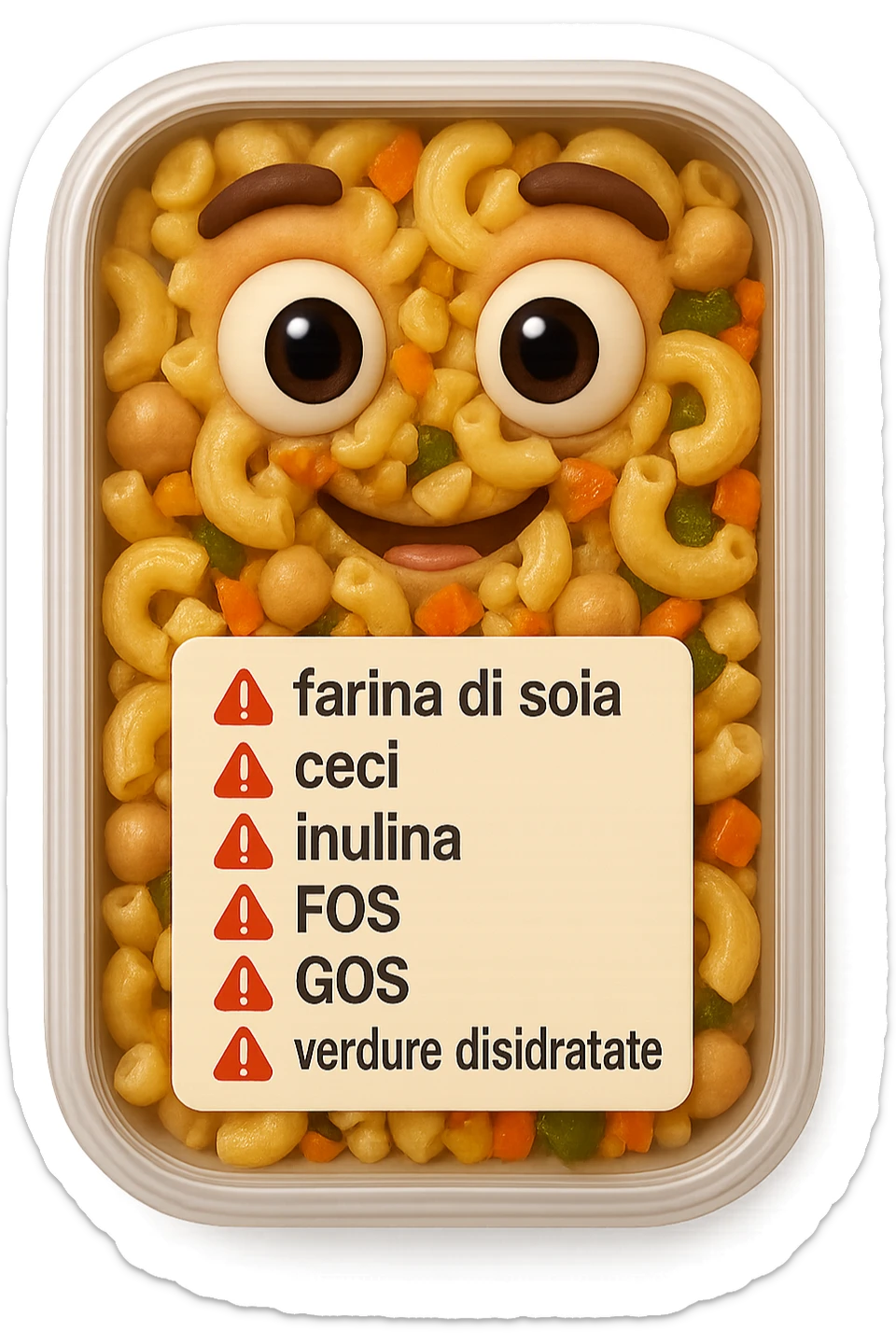 SU QUESTO STILE FAI UN EMOJI STILE IPHONE 3D DI UN insalata di pasta precotta preconfezionata con ETICHETTA CON GLI INGREDIENTI SCRITTI, "farina di soia, ceci, inulina, FOS, GOS, verdure disidratate" accanto ad ogni nome scritto mettici un segnale di allarme, FALLO MOLTO REALISTICO IN 3D sticker