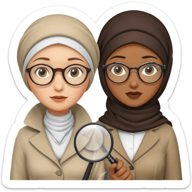 one white woman with hijab and glasses detective + one black woman without hijab and glasses detective  hand lens in one hand, hat etc sticker
