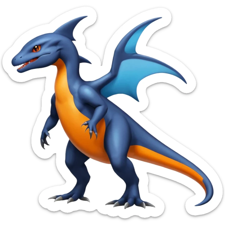 Shiny Black Koraidon-Latios-Salandit-Fakémon-hybrid-creature (full body) with orange belly sticker