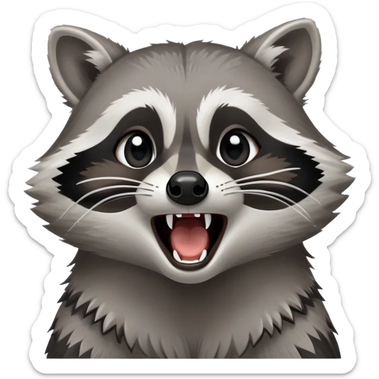 Cinematic-Noble- Yawning Raccoon-Portrait-Emoji – Poised and confident, wide-open yawn, revealing a soft grey with a sturdy build and a beautifully textured fur of silver-grey accented by dark black facial markings, deep-set, big black eyes, simplified yet sharp and sophisticated zoom out to show shoulders sticker