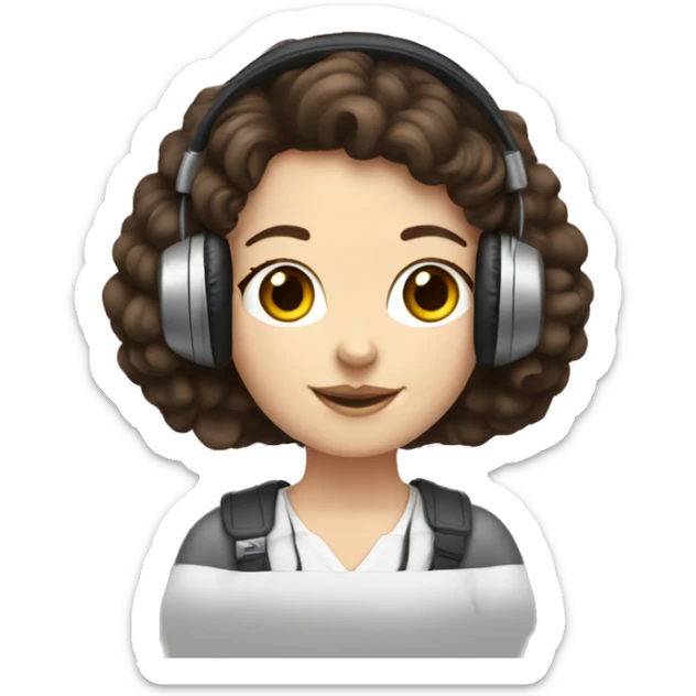 White girl, dark hair in headphones with brown poodle sticker