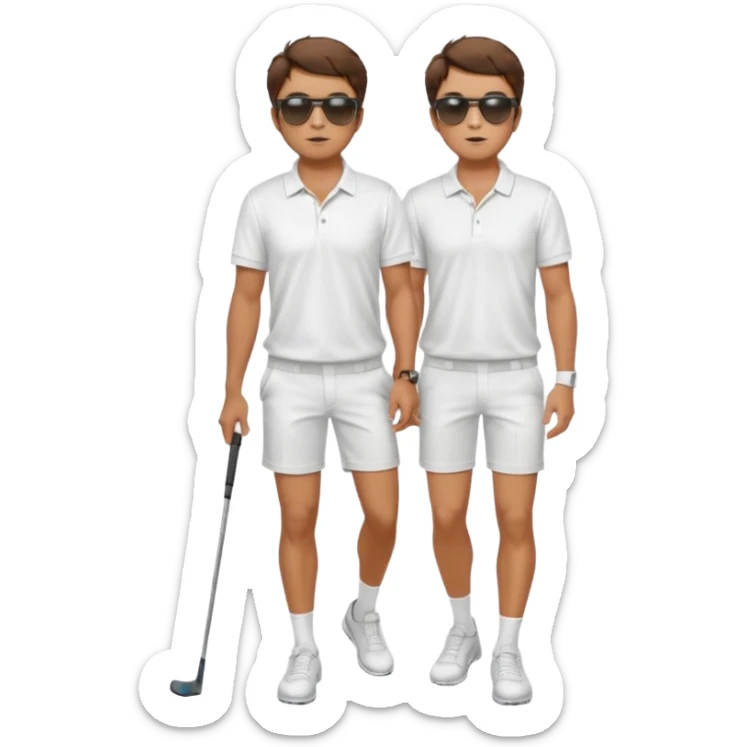 Handsome. Male. Short brown hair. Messy hairstyles. Sunglasses. Sexy pose. Full body. Wearing shorts.white golf shirt. White tekkies. Pool background  sticker
