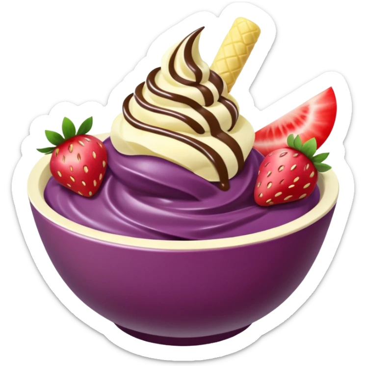 acai purple soft serve in a bowl strawberries and chopped banana sticker