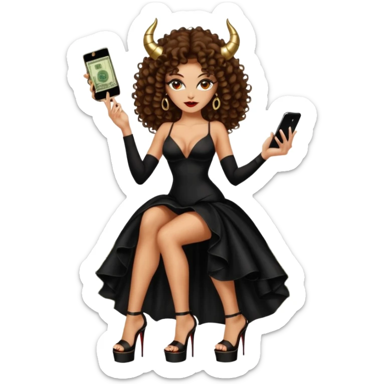 seductress evil brown curly haired sexy drug lord woman with clear glittery platform heels on her feet and devil black long silky sexy cutout dress, wearing black horns on her head, holding a stack of cash, has a phone in  other hand sticker