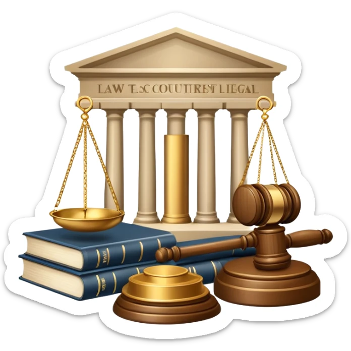 An icon featuring scales of justice, a gavel, and a legal book, symbolizing the study of law. The design includes courthouse pillars in the background, representing authority and legal systems. Transparent background highlights the principles of justice, order, and legal education. sticker