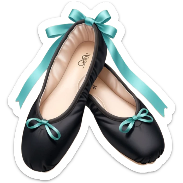 cinematic-realistic-ballet-shoes,-soft-satin-black-pointe-shoes-with-delicate-ribbons,-resting-gently-on-a-polished-wooden-floor,-subtle-creases-in-the-fabric,-glowing-under-the-warm-golden-light-of-a-rehearsal-studio,-evoking-ele sticker