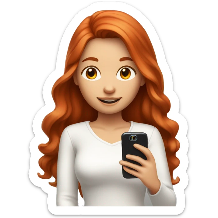 21-Year girl taking selfie in front of mirror. She has red hair, white cloth. She has phone in her hand. Phone has brown case. sticker