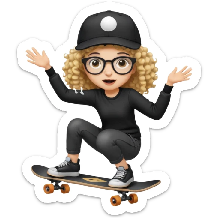 ["An excited girl with light skin, curly hair, wearing a baseball cap and square glasses, dressed in goth fashion, is skateboarding while holding a camera."] sticker