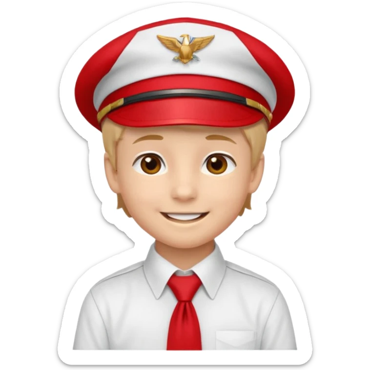 A Soviet pioneer emoji — smiling young boy wearing a bright red tie (pioneer neckerchief) and a red pilotka cap. White shirt, neat and cheerful, minimal flat emoji style, simple colors, clear outlines, professional emoji design. sticker