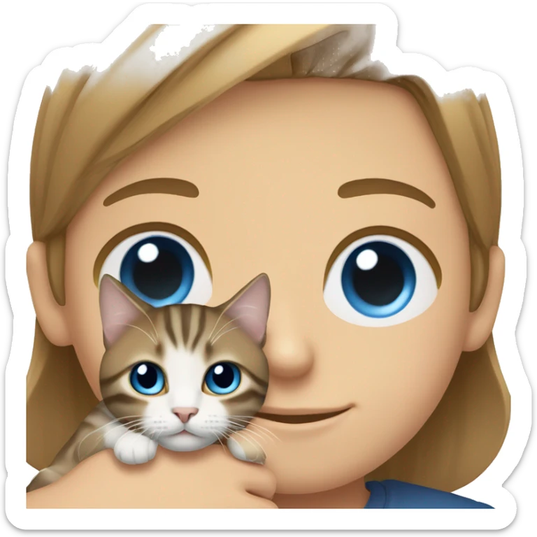 Long Brown hair girl with brown eyes, and blond white man, blue eyes holding tabby cat  sticker