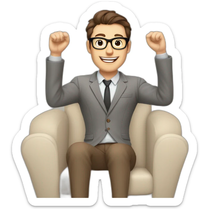 Joyful Celebrating victory Hands up Pale skinned Fit Man With dark brown hair in gray jacket, beige office shirt, Brown pants and vintage glasses sitting In a soft chair sticker