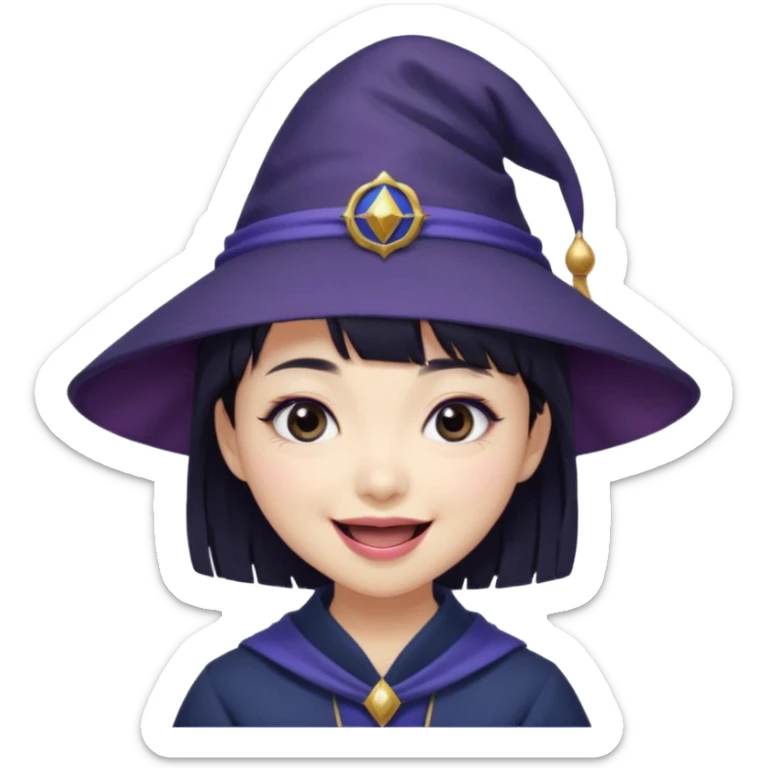 An Asian short-haired girl with short raven hair and bangs, with heterochromia eyed, eyeliner, and laughs with a tiny fang of mauve-toned lipstick, wears a dark navy wizard hat with an emblem on it. sticker