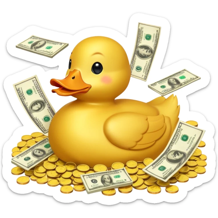 Yellow duck swimming in a pile of gold coins and dollar bills sticker