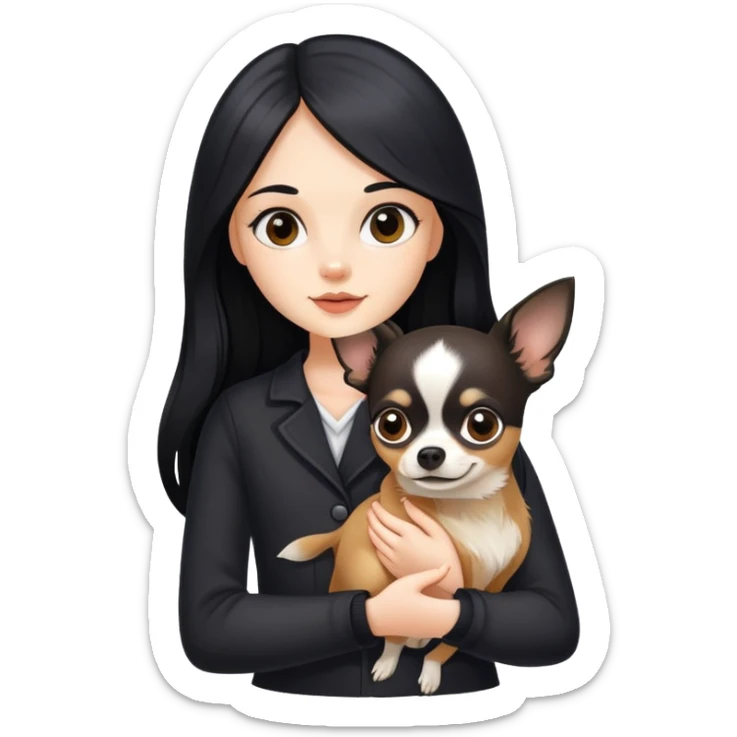Fair skin girl - long black hair - holding a chihuahua sticker