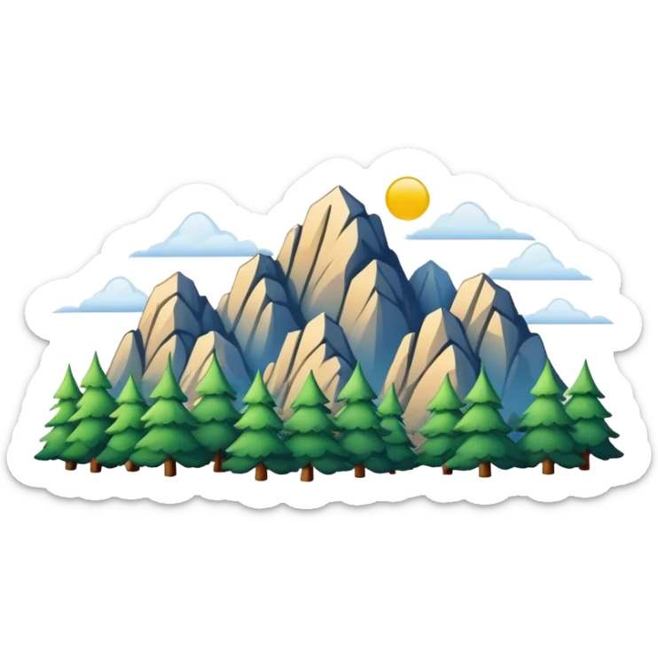 Yellow Mountain Huangshan misty peaks, simplified emoji style with bold outlines and bright colors, cartoon style mountain peaks with pine trees sticker