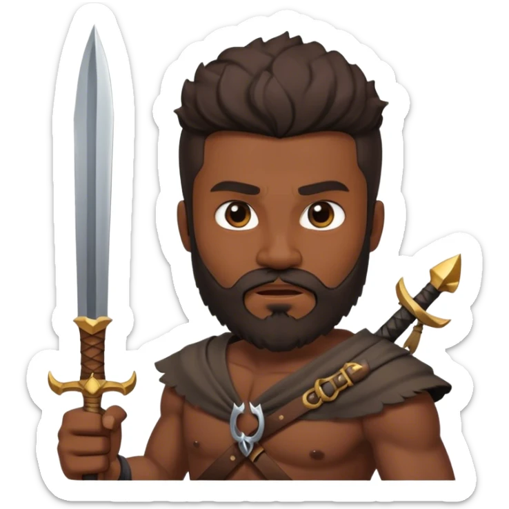 un hombre con barba con cara feroz. con una Daga una lanza y un arco sticker