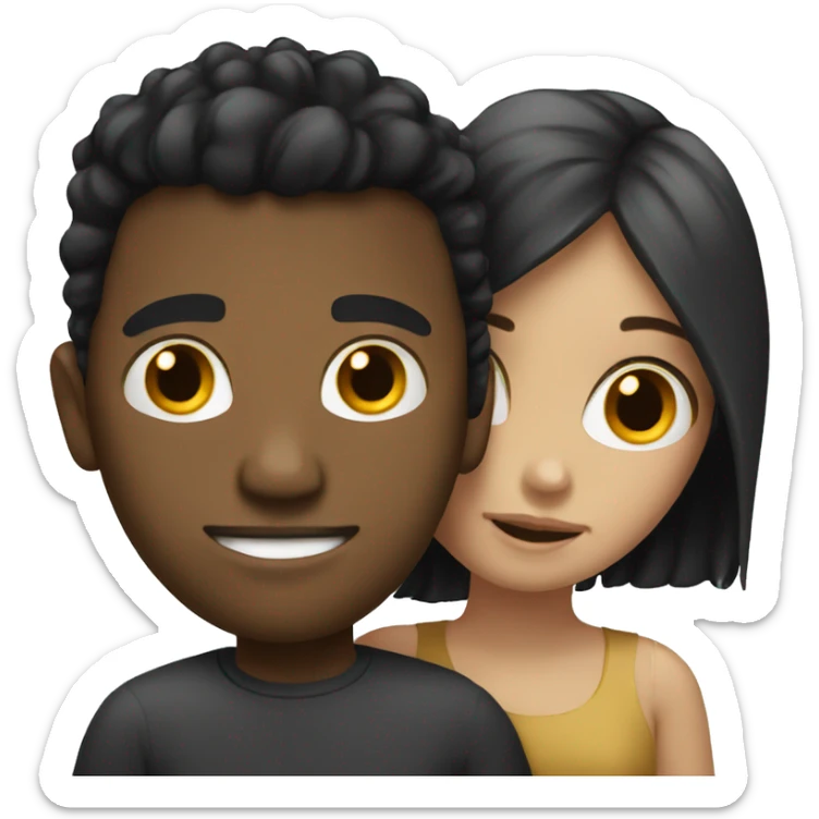 black man with black hair, white girl with blond hair hugging sticker