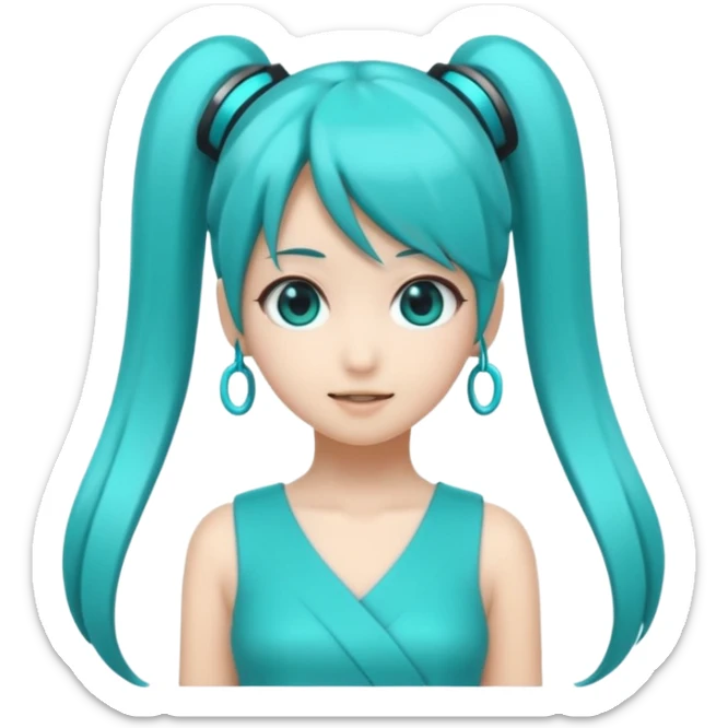 emoji inspired by Hatsune Miku, long turquoise twin tails, futuristic pop idol style, cute expression sticker