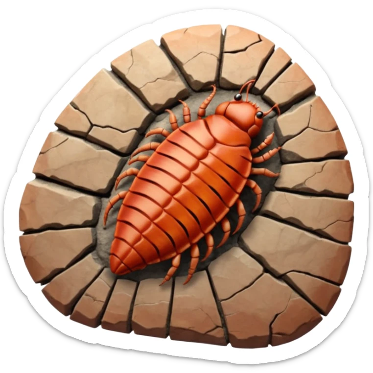 3D render of Trilobite, embedded in a chunk of rough sedimentary rock, cracked stone texture, ancient fossil aesthetic, fossilized in reddish sandstone rock, matte dry finish, Apple emoji style, isolated on white background --v 6.0 sticker