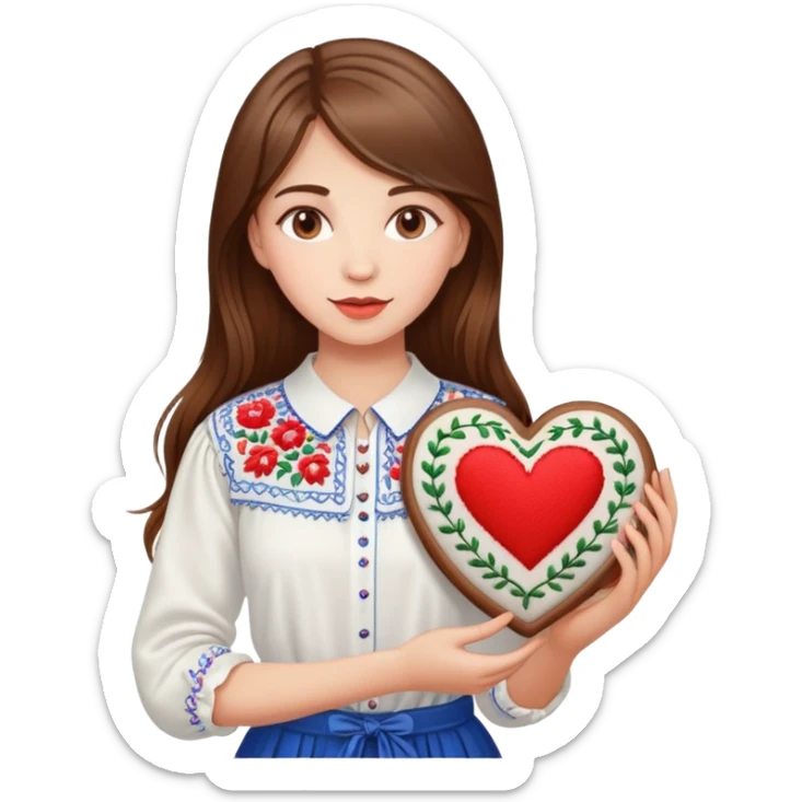 Beautiful young girl with brown hair in a white Ukrainian embroidered shirt holding a large embroidered heart sticker