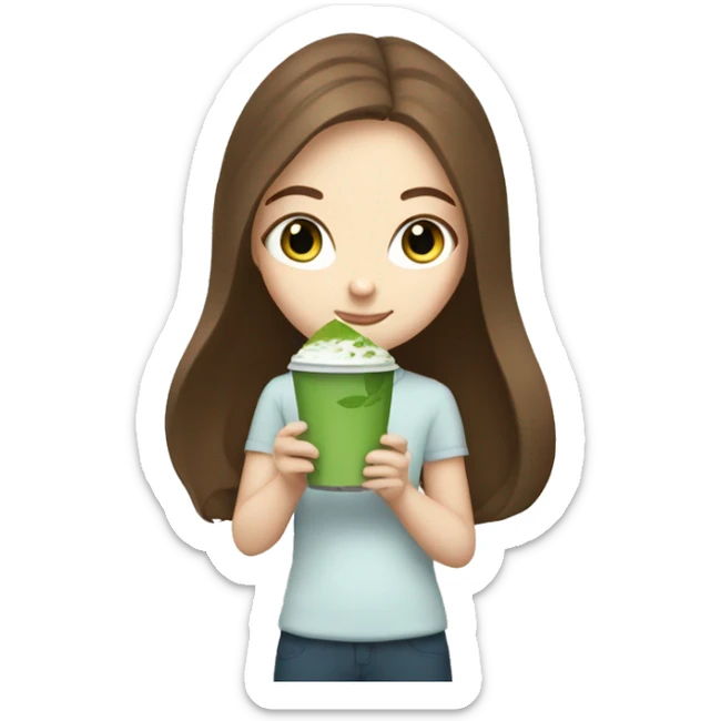 white girl with long brown hair and blue eyes holding a matcha  sticker