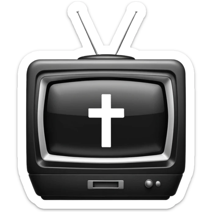 Minimalist emoji-style sticker of a CRT TV in the shape of a coffin, with a cross or static noise on the screen. Desaturated design.  sticker