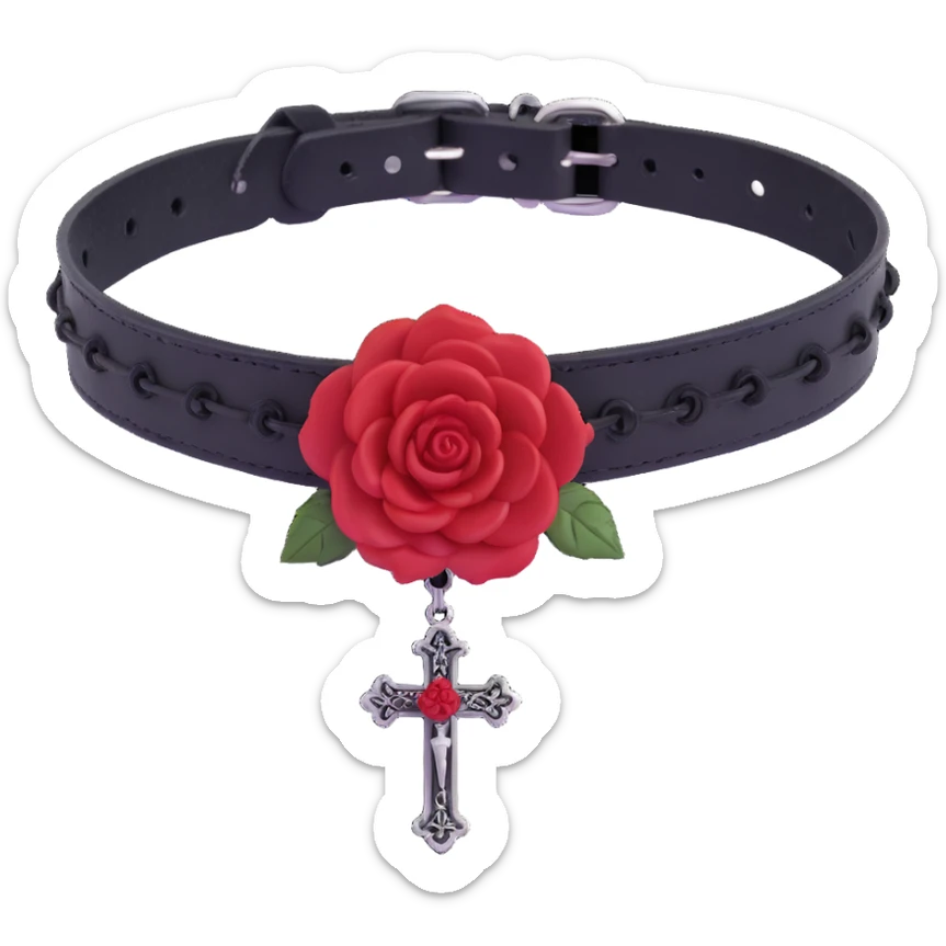 gothic choker with crimson velvet band, black cross pendant, deep red rose centerpiece, dramatic and gothic sticker