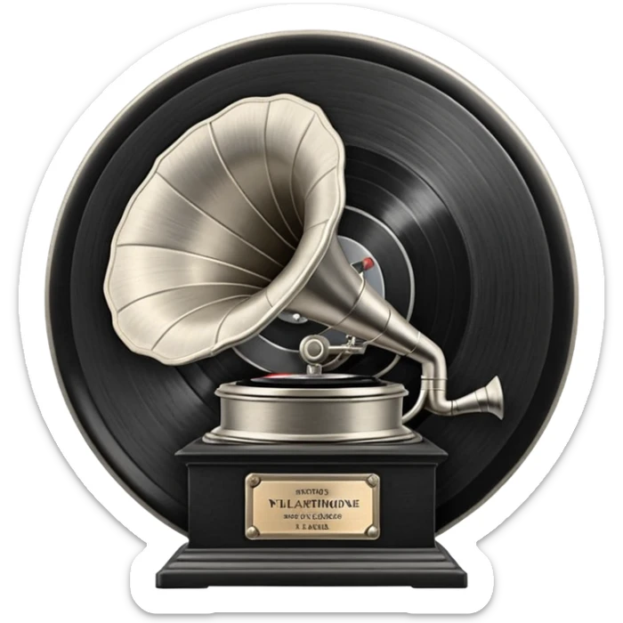 A dark metal platinum music award plaque The center features a relief of a vintage gramophone or stylized vinyl record in a slightly darker metallic tone sticker