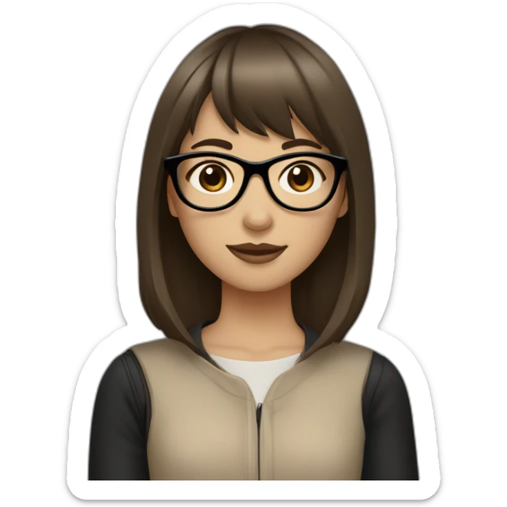 a girl with medium-length brown hair and straight bangs and brown eyes wearing black glasses and beige clothes reminding a fish in its style sticker