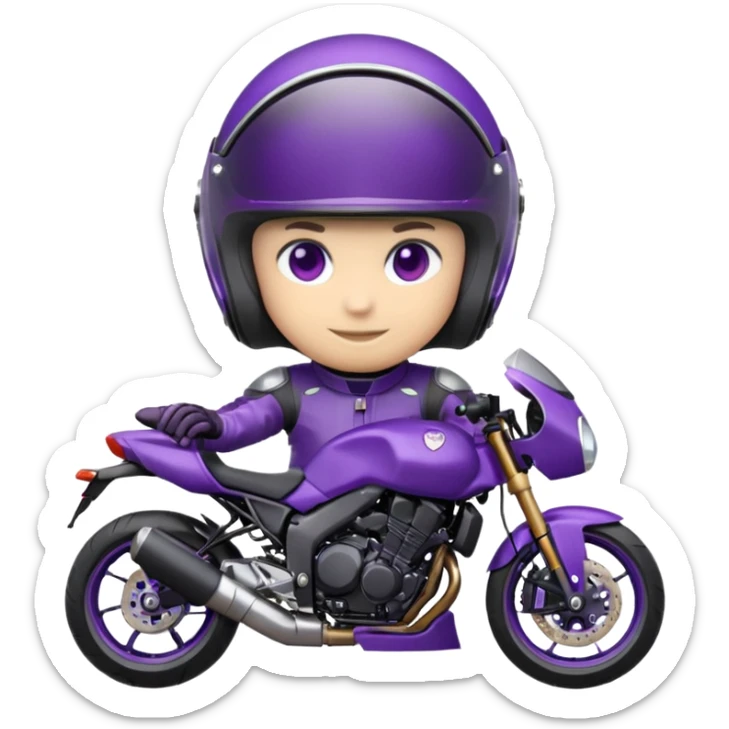 Créer un emoji avec une moto mt07 sport noir mate / violet iridescent très foncé. Avec une pilote dessus visière violet sombre faceless, bulle de la moto violet. Avec fond arrière violet, tenue complète casque inclus violet  sticker