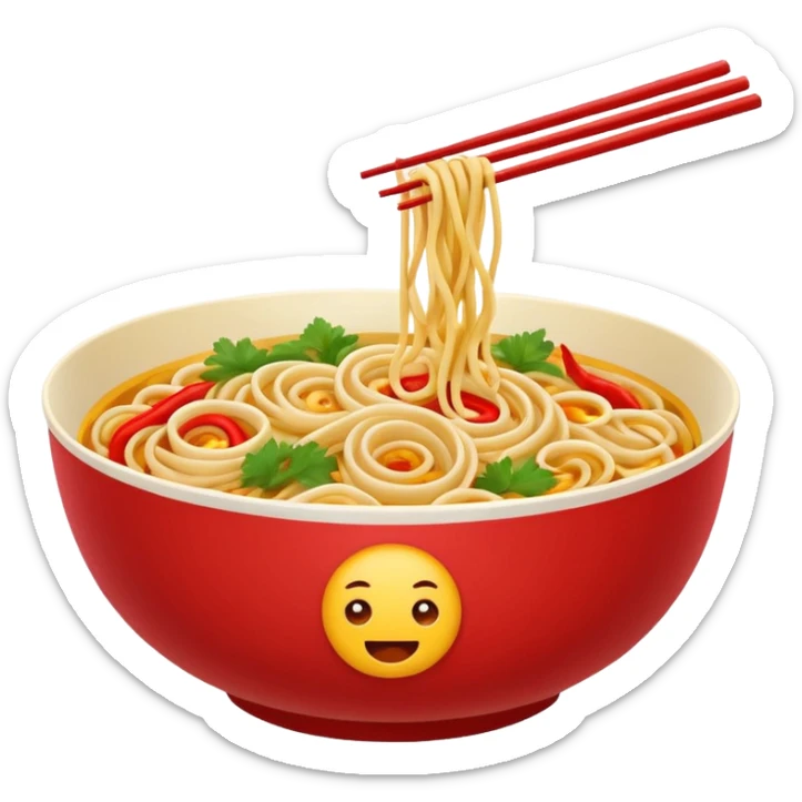 Chinese cuisine humanless avatar in bright emoji-style illustration. Noodles bowl, red and gold colors, simple shapes, flat design, bold and energetic. sticker
