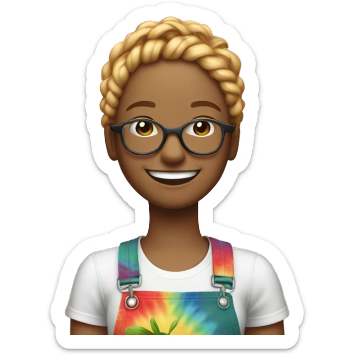 gardening lady with two red and blonde braids and tie-dye t-shirt and glasses white skin and big smile sticker