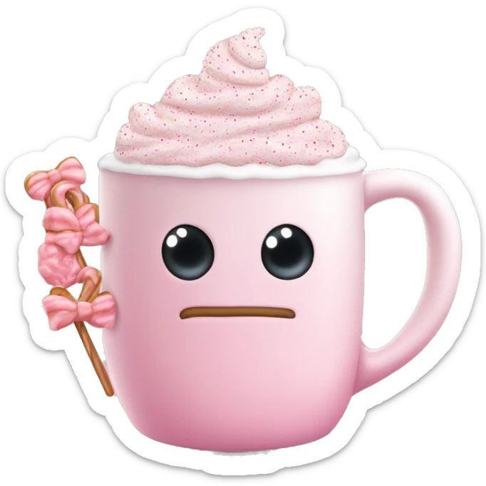 very light pink hot cocoa mug with a lot of whip cream in it and pink sprinkles and mini bows no face on mug sticker