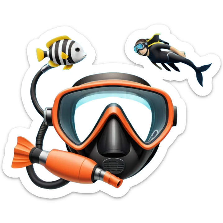 An icon featuring a close-up of a diving mask, snorkel, and fins floating on the surface of vibrant blue water. In the background, coral reefs and tropical fish create a lively underwater scene. Transparent background highlights the beauty and adventure of the diving experience. sticker
