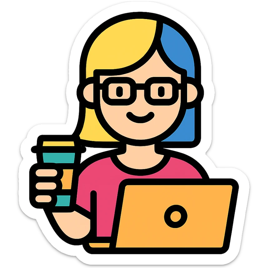 A girl with blonde hair and blue hair wearing glasses holds a laptop and a glass of coffee sticker