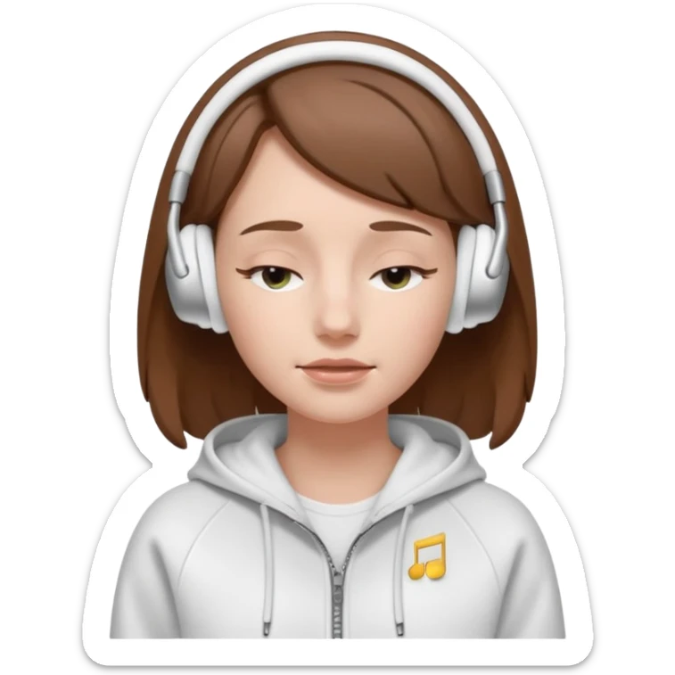 A clean, minimal emoji-style illustration of a white girl with brown hair worn loose. Her eyes are closed while listening to music with silver AirPods Max. She’s wearing a white zip-up hoodie. Smooth 3D emoji style, soft lighting, neutral tones. sticker
