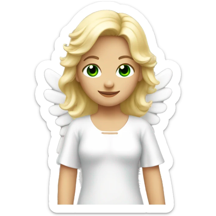 blonde girl. green eyes. pretty. smiling. wearing an angel costume with angel wings sticker