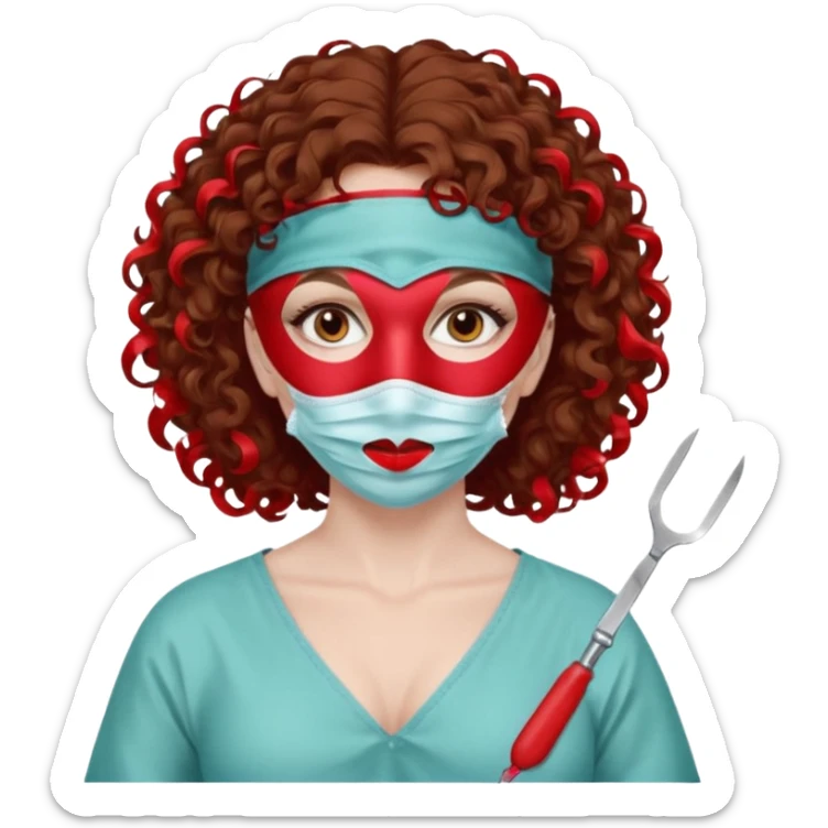 Lilith symbol seductress evil surgeon. Hair curly, and brown. Long curly brown hair. Red surgical mask and hair covering. She works for cartel and kills  with a scalpel. sticker