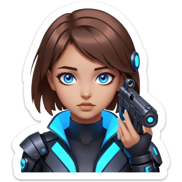 Neon cyberpunk style 
girl with brown hair and blue eyes 
shoots sticker