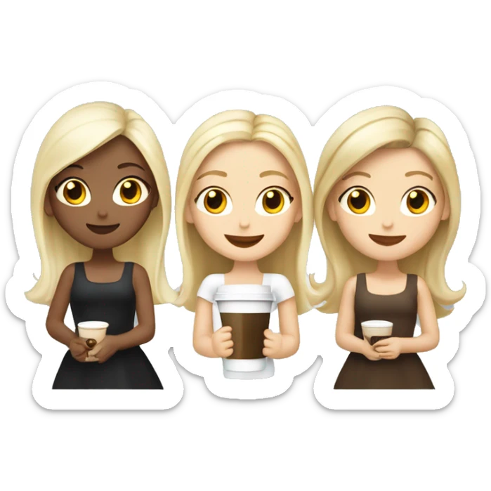 Four beautiful white european girls, one with blond hair and two dark blond hair in dresses have coffee sticker