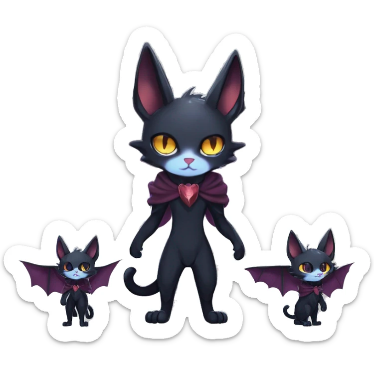   cool edgy beautiful anime-style ethereal dark-punk-themed animal vampiric cat-hybrid Fakemon with fangs and bat-wing-ears with a cape full body sticker
