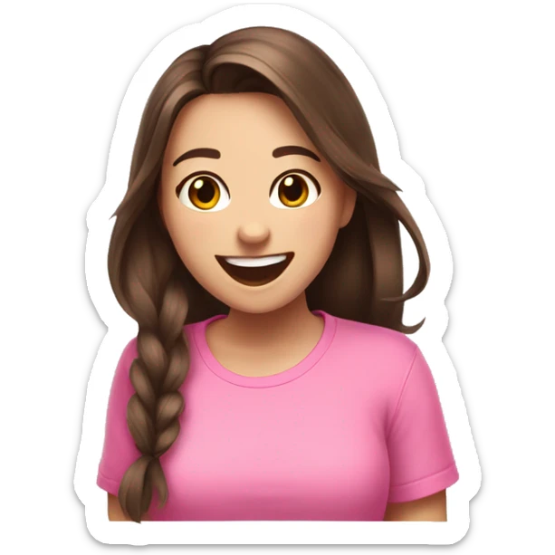 streamer girl with brunette hair laughing that is wearing a pink tshirt with a butterfly i sticker