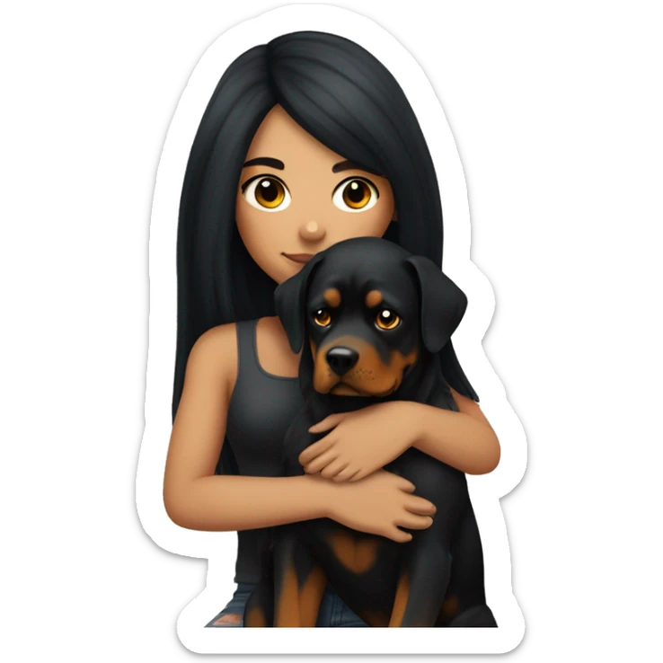 Girl with long black hair and tattoos cuddling her Rottweiler sticker