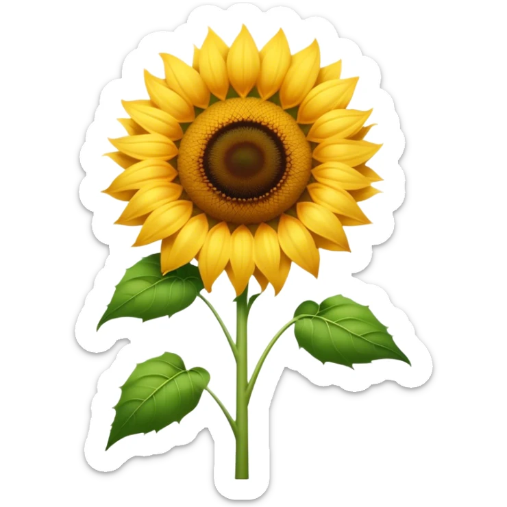 Cinematic Realistic Sunflower Emoji, Tall and bright, with a large, golden-yellow blossom facing the sun, its broad, textured petals surrounding a dark center. The sturdy green stalks and leaves frame the vibrant flower, while a gentle breeze causes the petals to sway. Soft glowing outline, capturing the essence of sunshine and warmth in a cheerful, towering sunflower! sticker