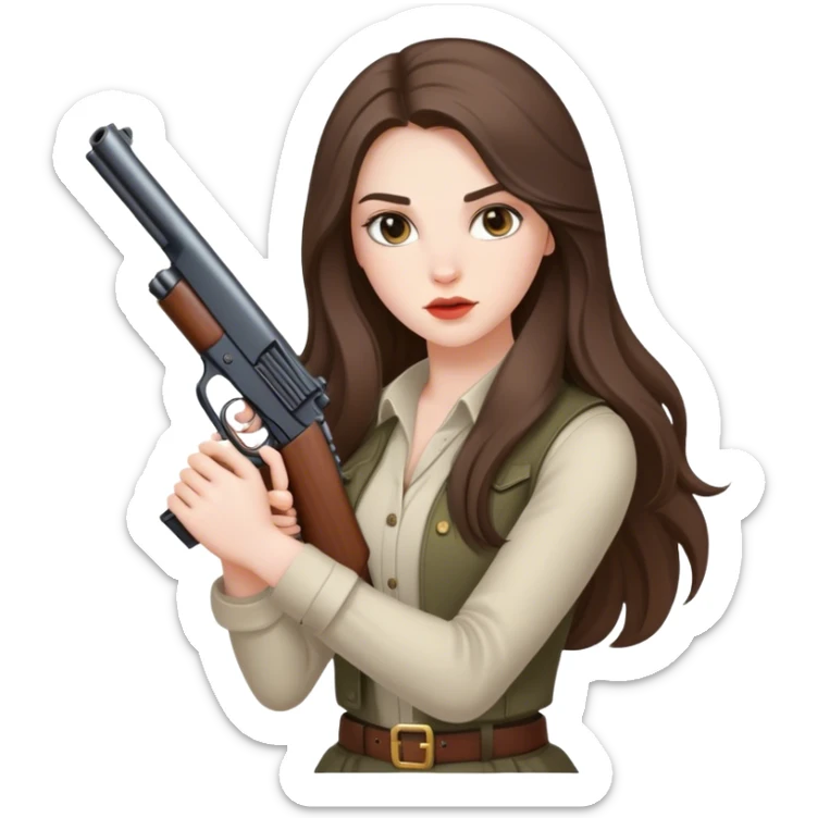 beautiful pale brunette girl with long hair with a gun sticker
