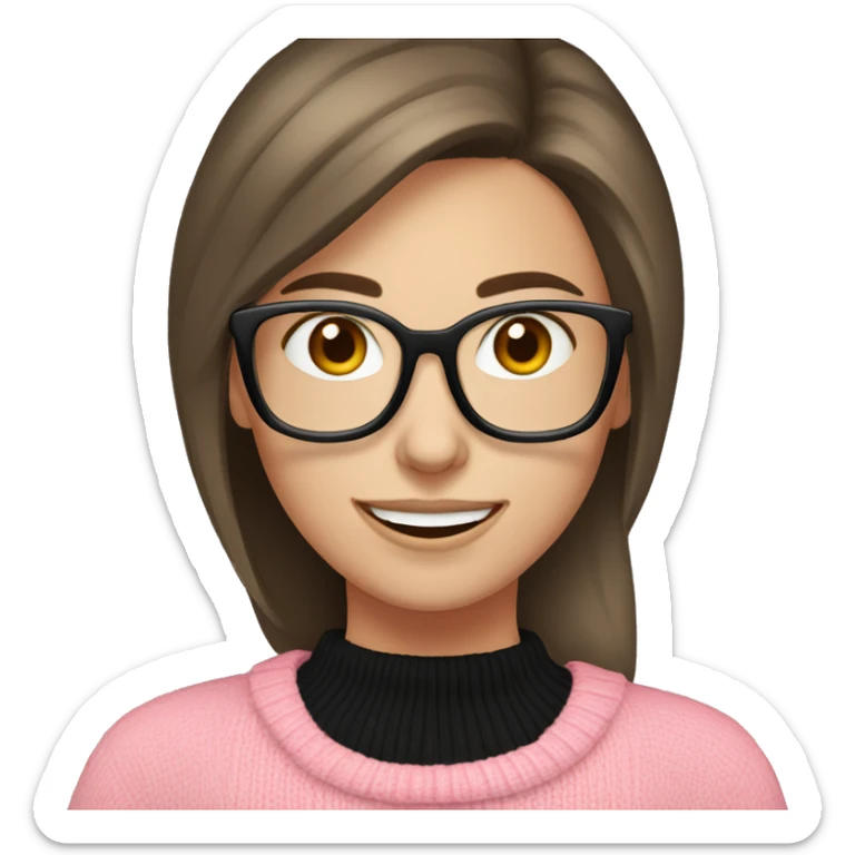 Russian smile Girl with straight brown hair and black glasses frame and in pink sweater working behind laptop sticker