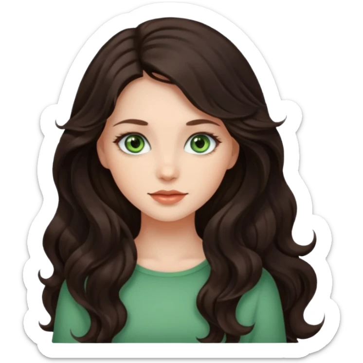 Beautiful girl, dark brown hair, wavy hair, long hair, light green eyes sticker