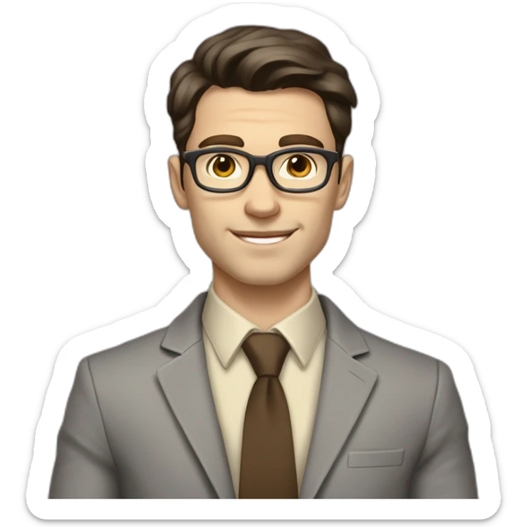 Pale skinned fit man with dark brown hair in gray jacket, beige office shirt, brown tie, brown pants and vintage glasses Writing text on the tablet sticker