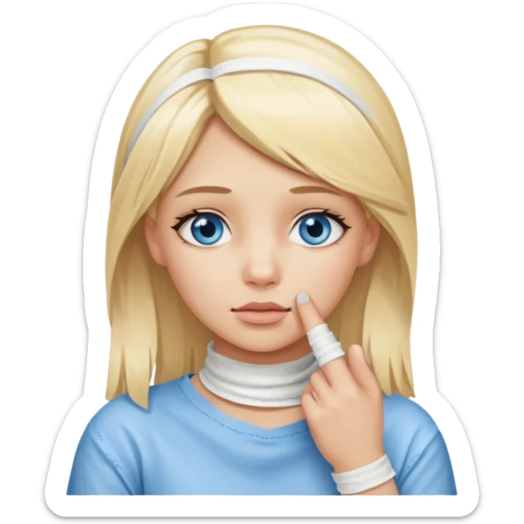 blonde-haired, blue-eyed, fair-skinned girl with her entire index finger fully bandaged, placing the bandaged finger on her chin and thinking sticker